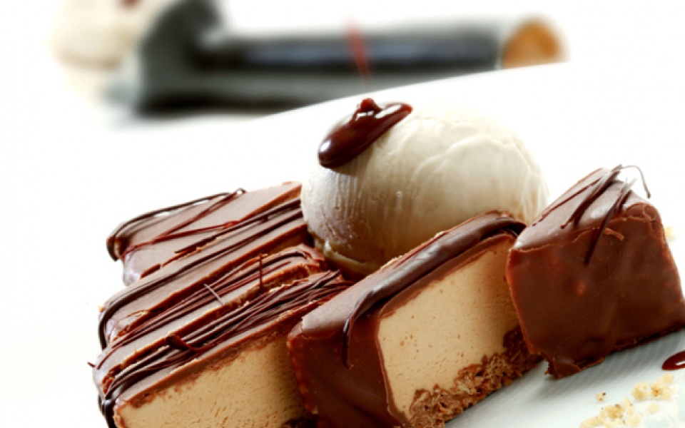 Praline gaufrette with chocolate coating and chestnut ice-cream | Yiannis Lucacos